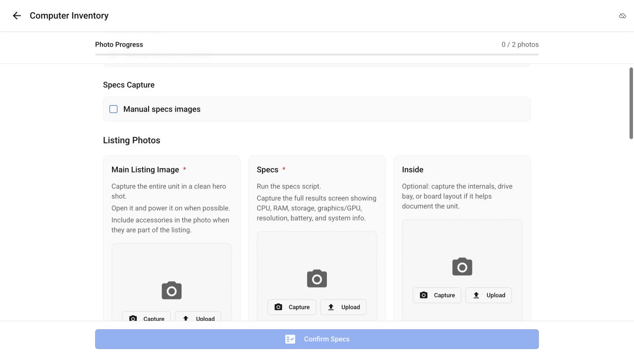 Categorized capture cards for main listing image, specs, and inside view